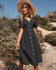 Theda | Damen-Midikleid mit Knopfleiste, kurzen Ärmeln und formgebendem Schnitt