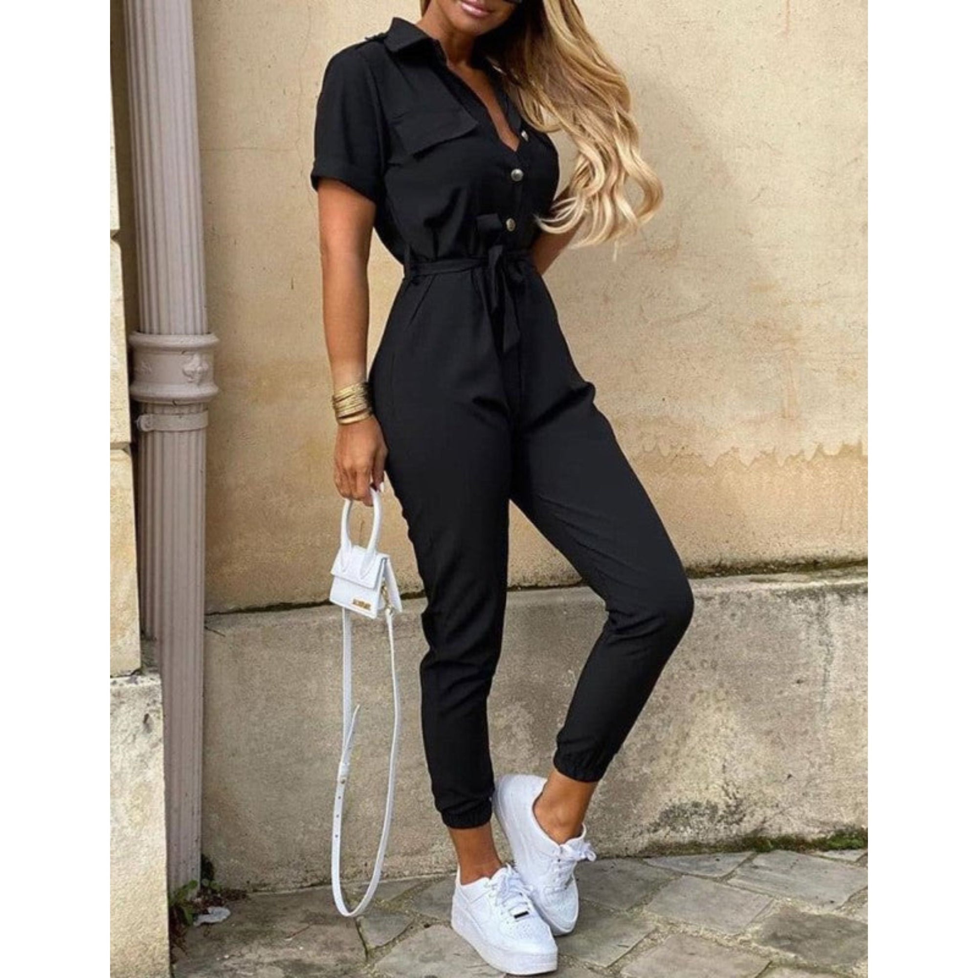 Yelina | Damen-Jumpsuit mit Gürtel und kurzen Ärmeln