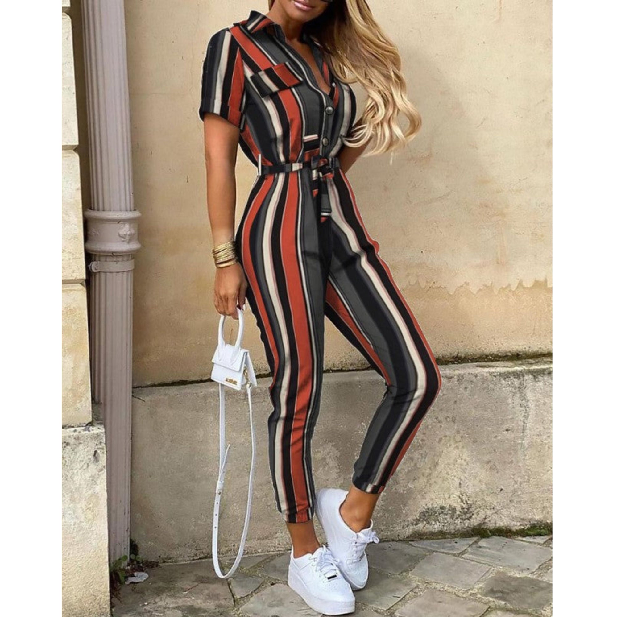 Yelina | Damen-Jumpsuit mit Gürtel und kurzen Ärmeln
