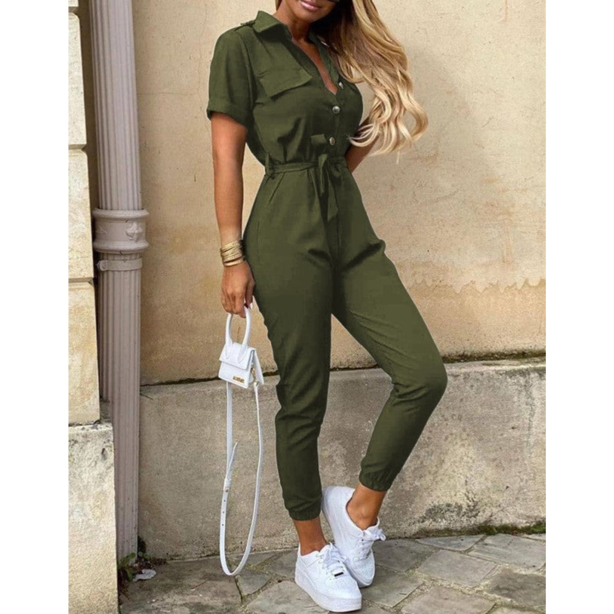 Yelina | Damen-Jumpsuit mit Gürtel und kurzen Ärmeln