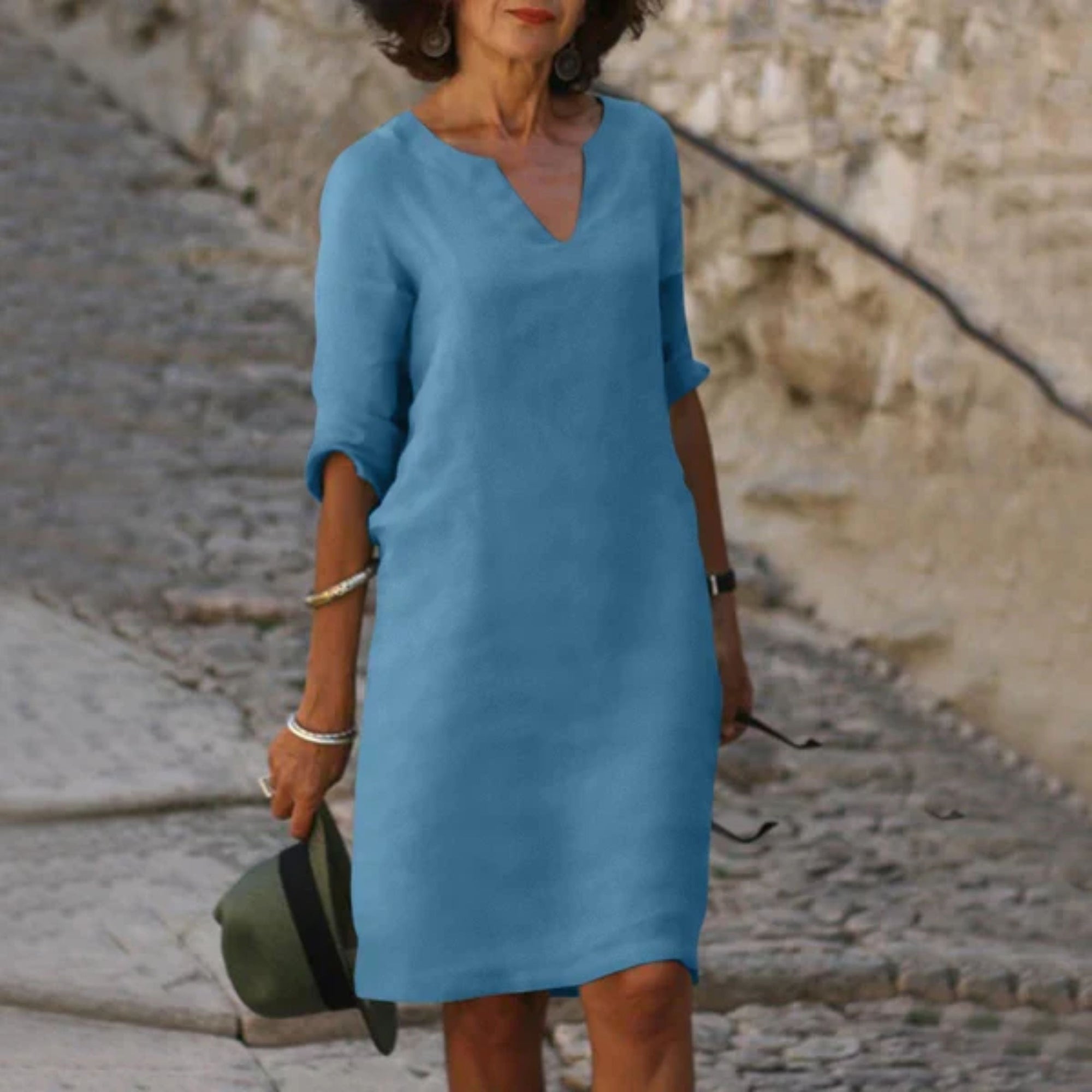 Marvella | Damenkleid mit V-Ausschnitt und Dreiviertelärmeln