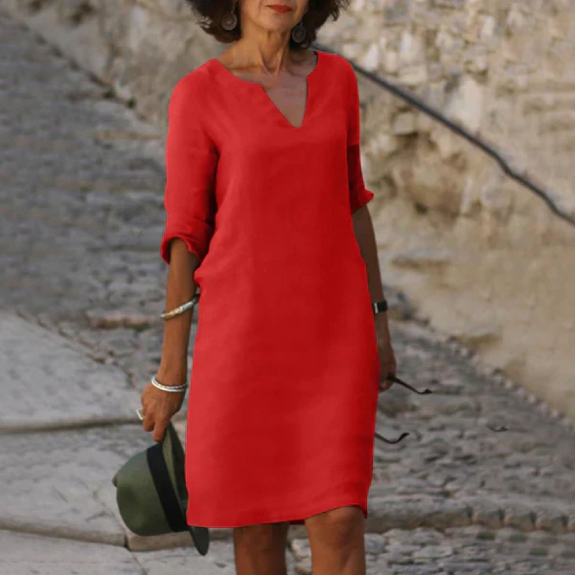 Marvella | Damenkleid mit V-Ausschnitt und Dreiviertelärmeln