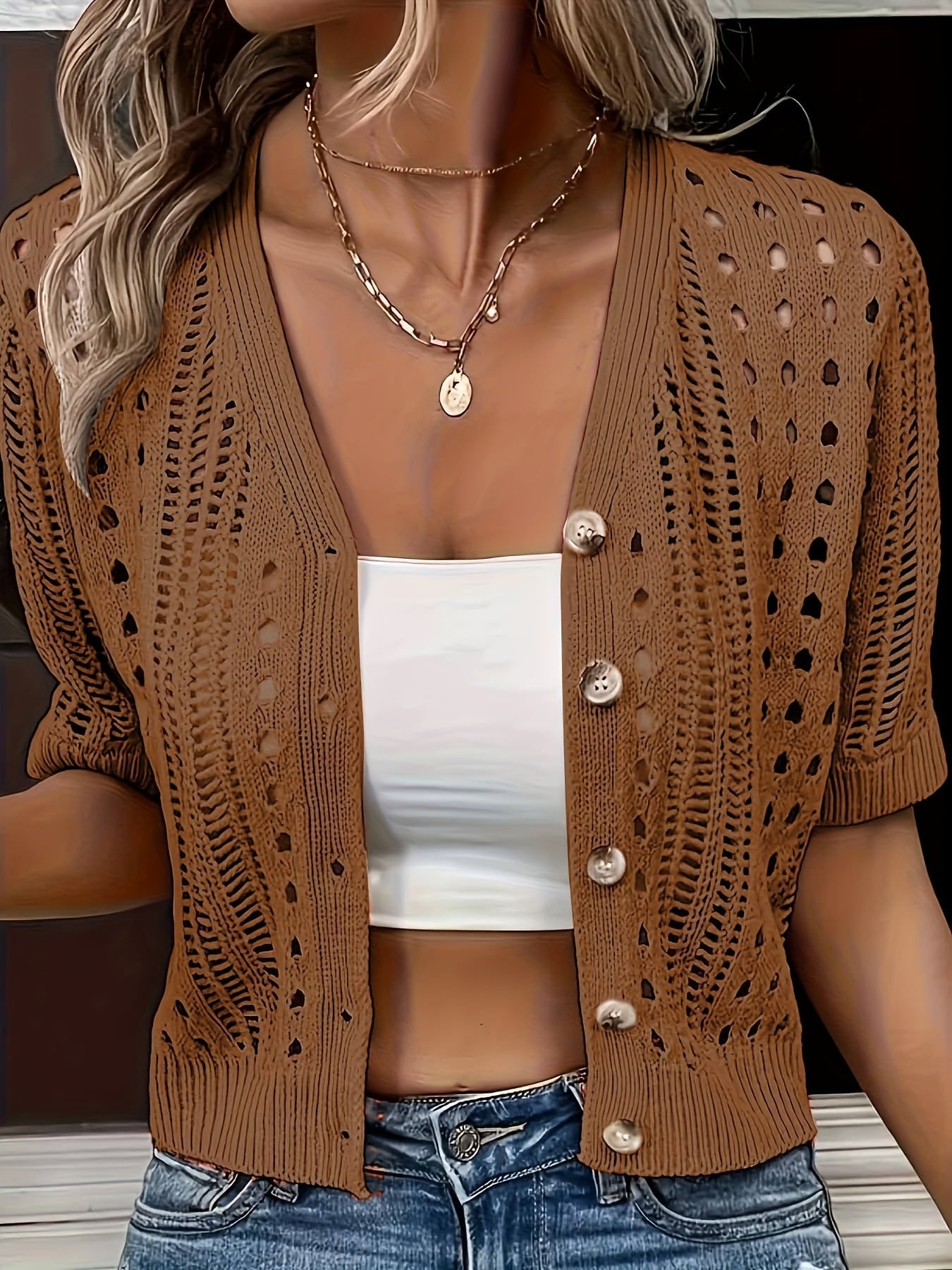 Almara | Kurz geschnittener Häkel-Cardigan mit Knopfleiste für Damen