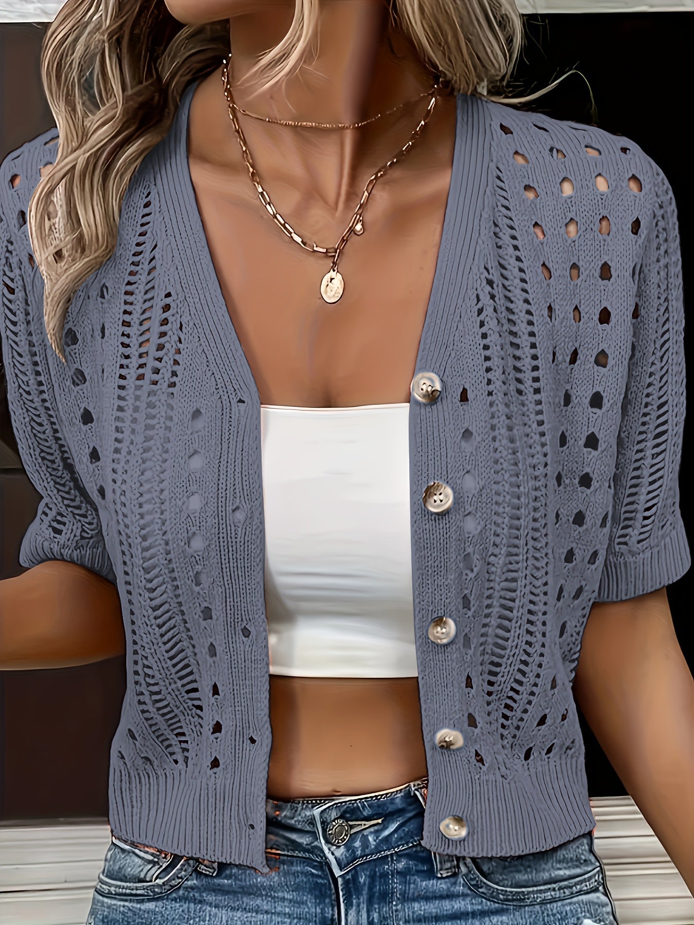 Almara | Kurz geschnittener Häkel-Cardigan mit Knopfleiste für Damen