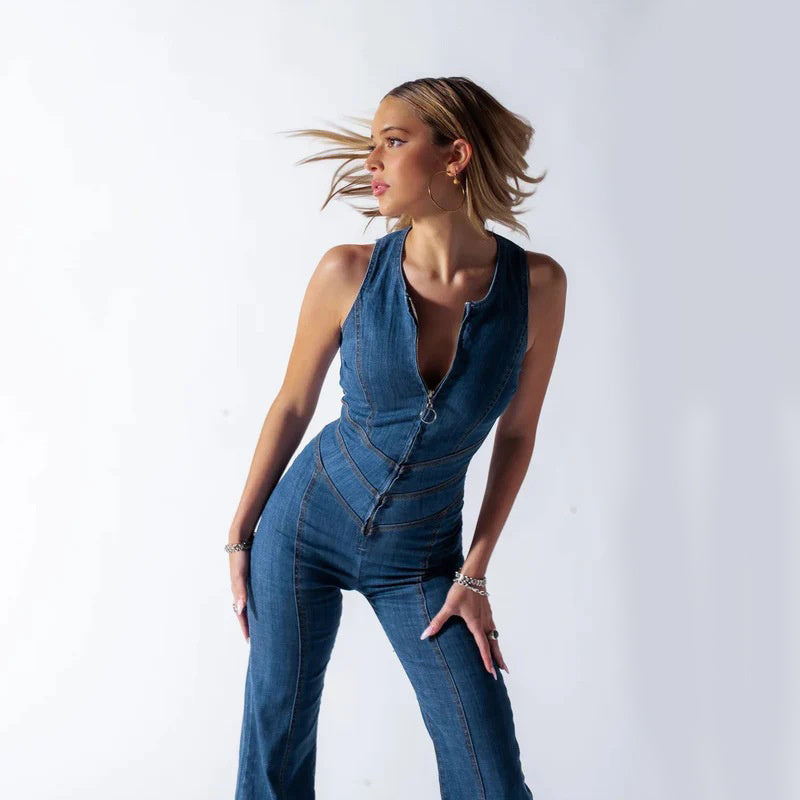 Selena | Damen-Jumpsuit mit Chevronmuster und Rückenausschnitt