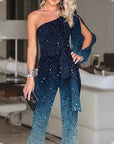Delya | Glänzender One-Shoulder-Jumpsuit mit Retro-Flair