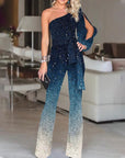 Delya | Glänzender One-Shoulder-Jumpsuit mit Retro-Flair