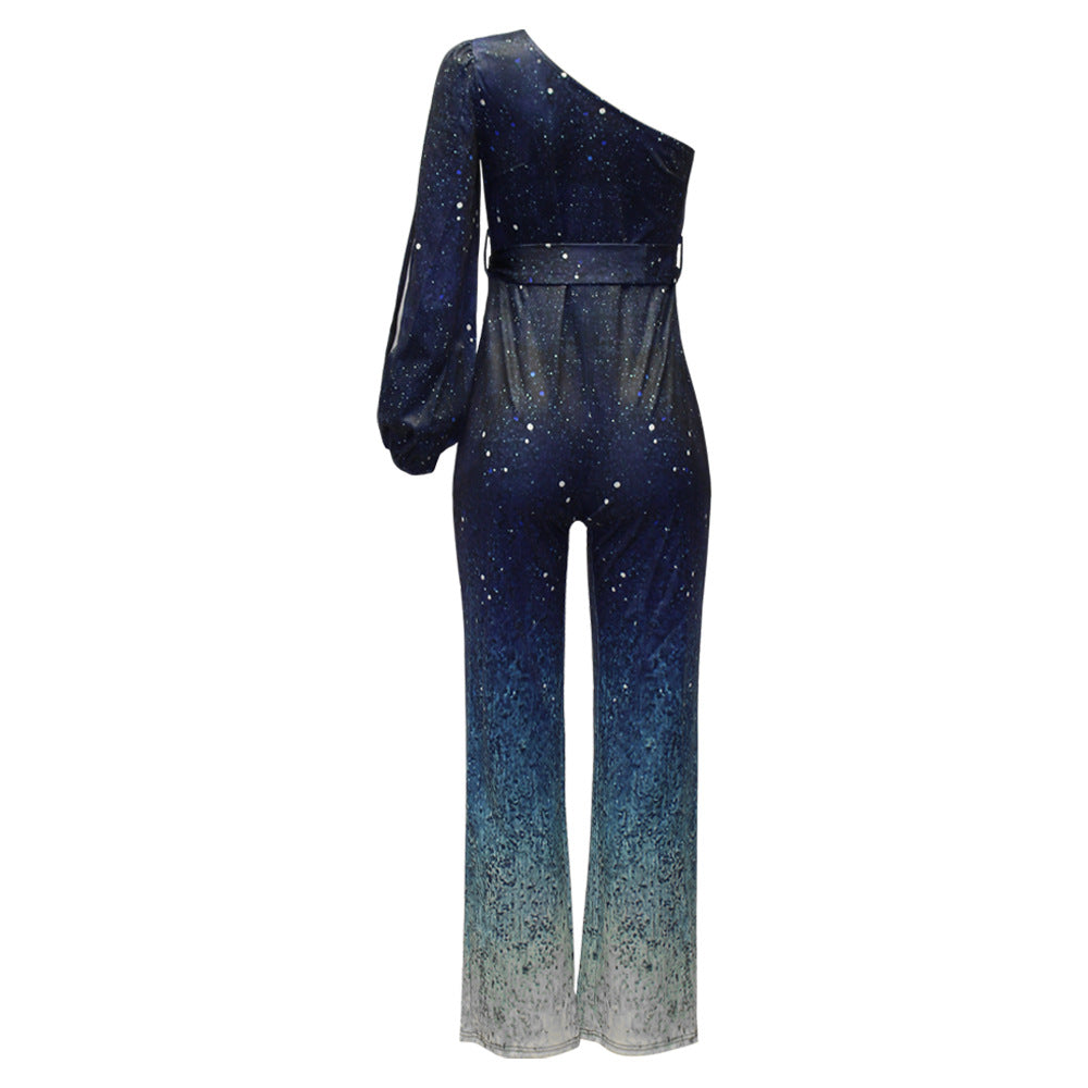 Delya | Glänzender One-Shoulder-Jumpsuit mit Retro-Flair