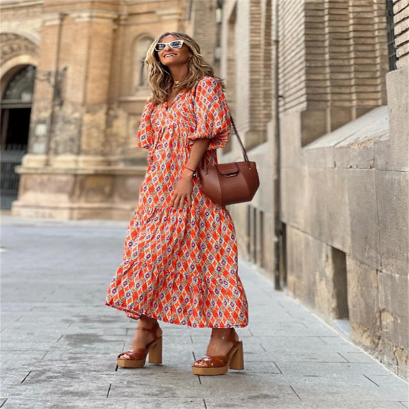 Senara | Boho-Ibiza Maxikleid mit Ethno-Muster