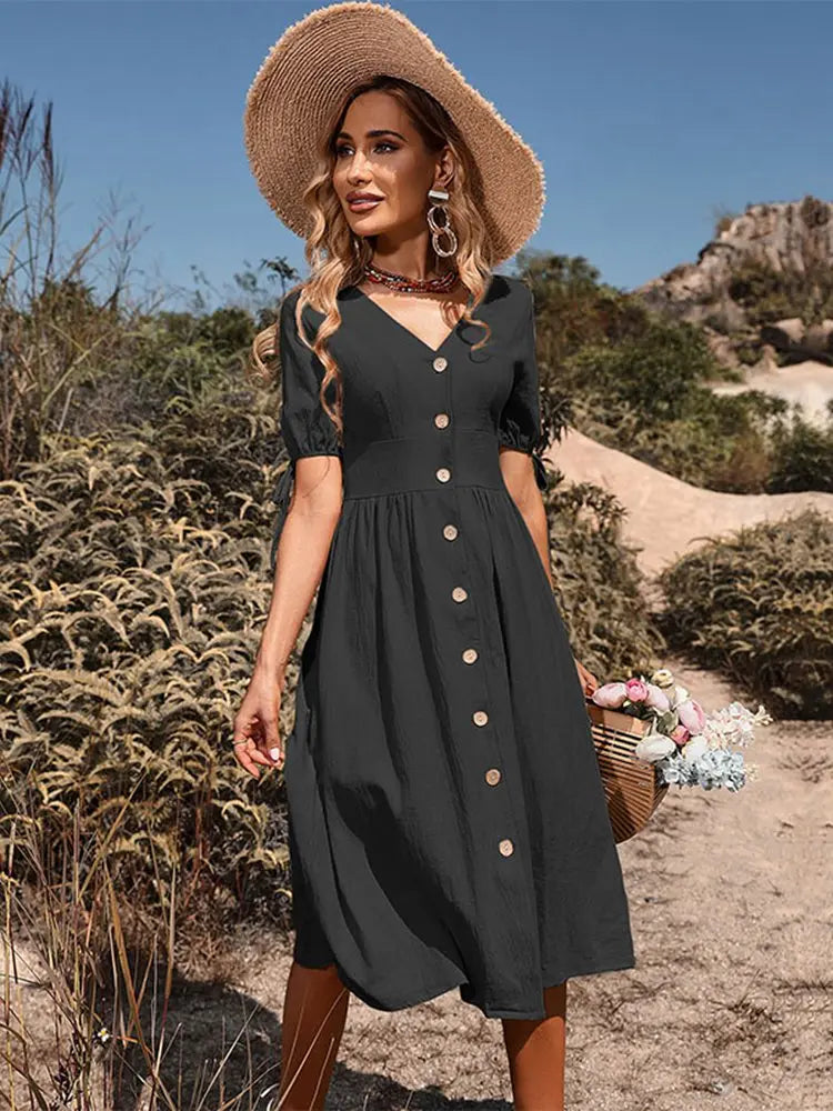Theda | Damen-Midikleid mit Knopfleiste, kurzen Ärmeln und formgebendem Schnitt