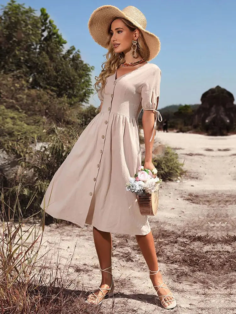 Theda | Damen-Midikleid mit Knopfleiste, kurzen Ärmeln und formgebendem Schnitt