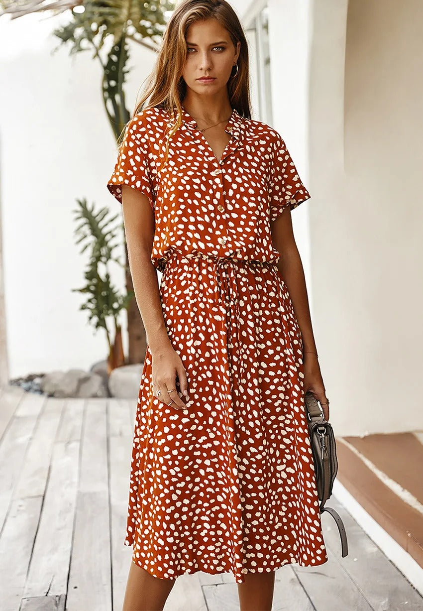 Elena | Bedrucktes Sommer-Midikleid mit kurzen Ärmeln